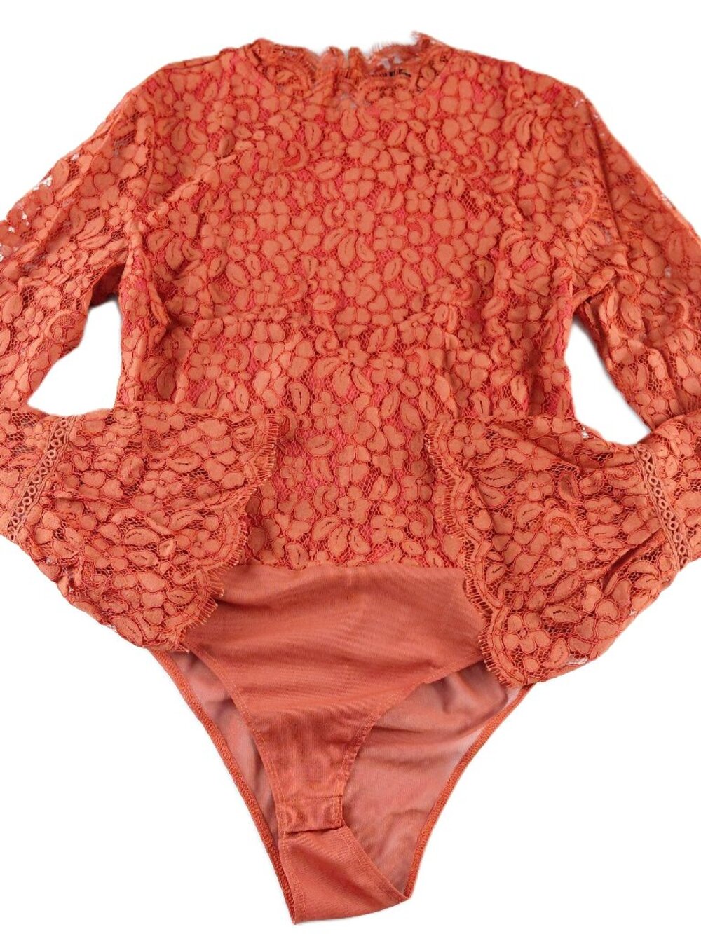 Endless Rose Lace Overlay Cut Back Bodysuit Women's L Rust Brown Flared Sleeve